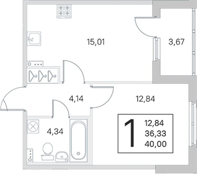 1-комнатная квартира 36.33 м², 1/4 эт., ЖК «Любоград в Стрельне»